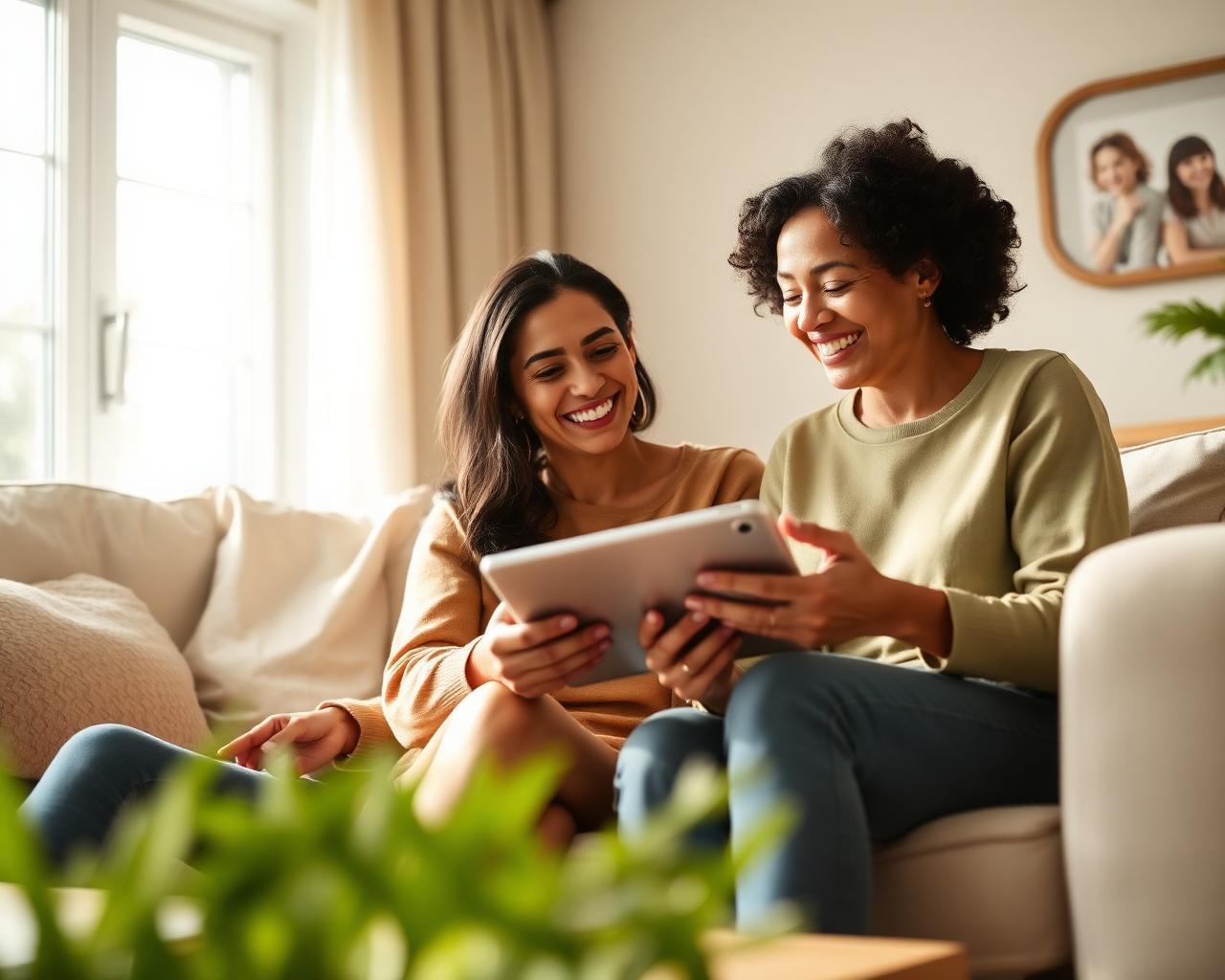 Two women looking at a tablet together