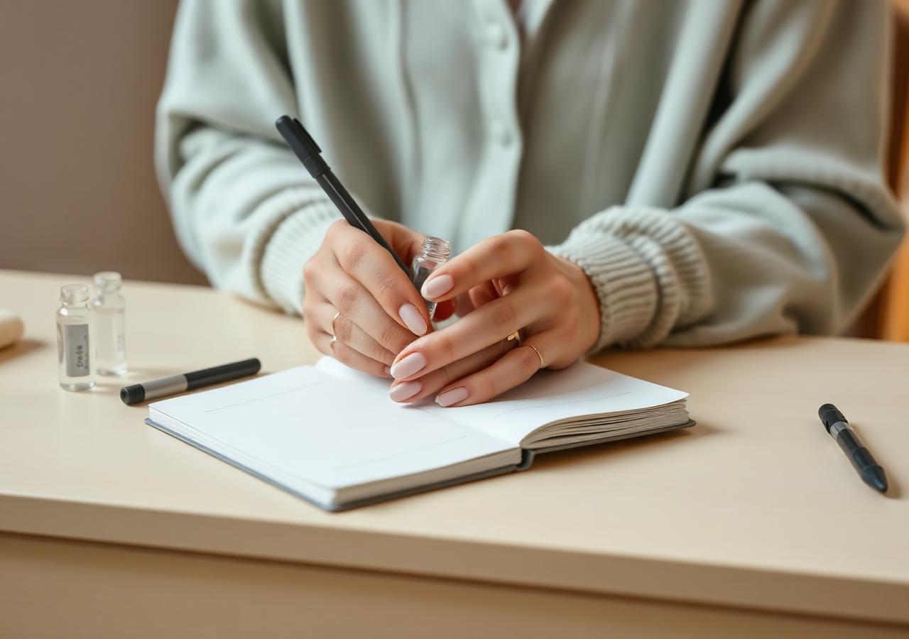 Hands writing in a journal beside sample vials